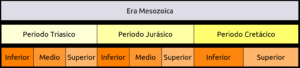 Los periodos que componen el Mesozoico: Triasico, Jurásico y Cretácico